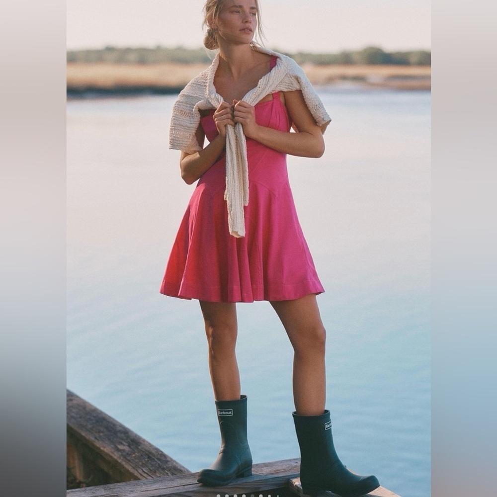 Anthropologie Hot Pink Fit & Flare Mini Dress Size L Cotton Blend Flowy Dress.